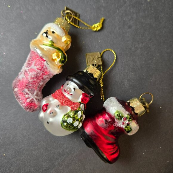 Lot Of 3 Glass Christmas Ornaments 2" Snowman Puppy In Stocking Red Boot Glitter - Picture 1 of 6
